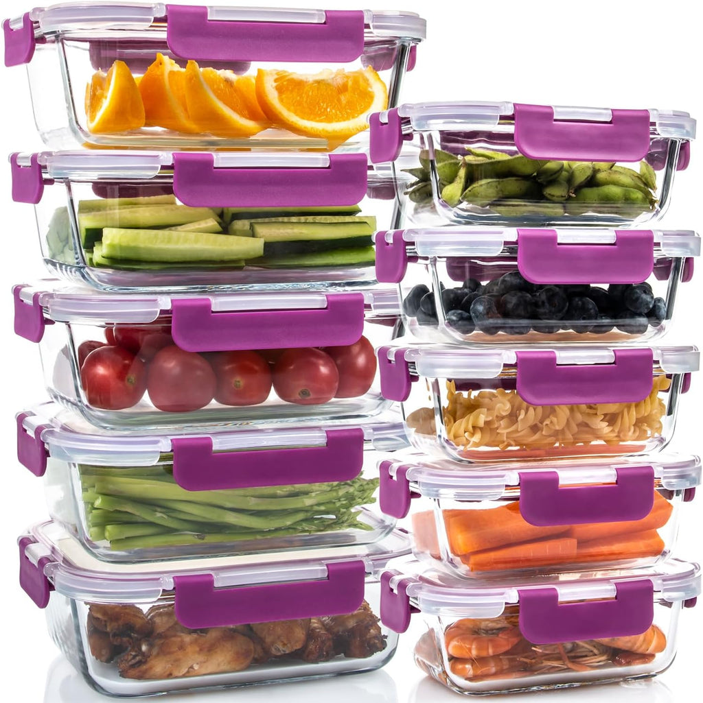 UMEIED Glass Food Storage Containers - 10 Pack Leakproof Airtight Meal Prep Containers | Dishwasher Safe