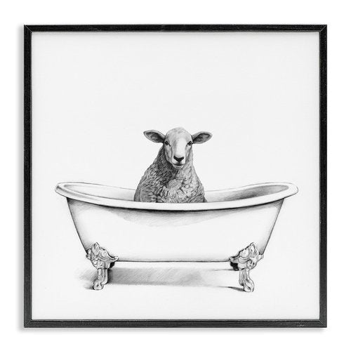 Stupell Industries Wooly Sheep in Bath Tub Farm Animal Bathroom Wall Art, 17x17, Black Framed