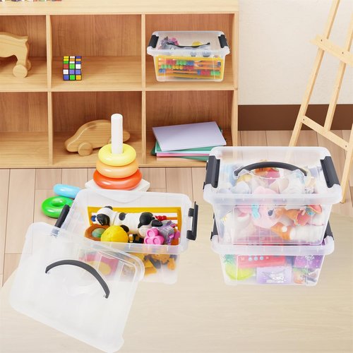 Eslite 6 Quart Stackable Storage Bins - Clear Latching Boxes with Handle & Lid | Pack of 6 (Black Handle)