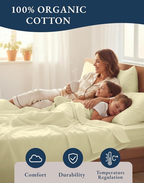 LANE LINEN 100% Organic Cotton King Size Bed Sheets - Soft, Comfy & Fully Elasticized | 15" Deep Pocket - Vanilla