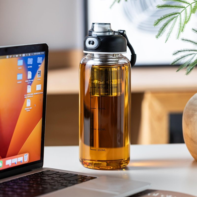 wangsdjy 34oz Glass Water Bottle with capacity Mark & Stainless Steel Tea Strainer-Large Capacity for Hot/Cold Drinks,Coffee,Tea,and Water-Includes Protective Sleeve,Perfect for Home,Office (34oz)