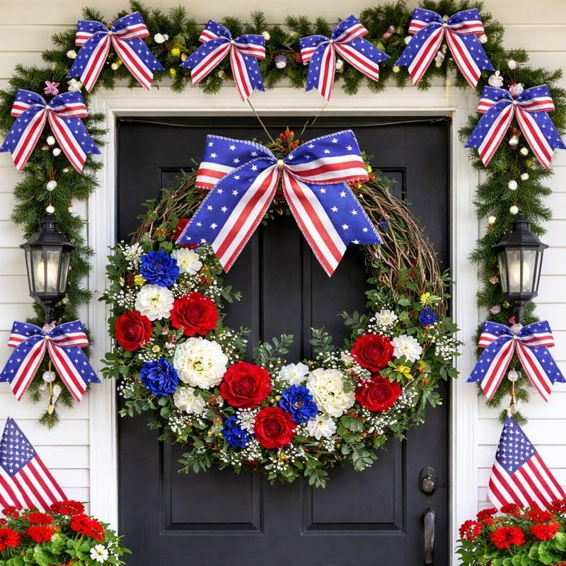 Patriotic USA Bows by 4th of July Decorations | 12-Pack Red, White & Blue Wreath Bows for Independence Day