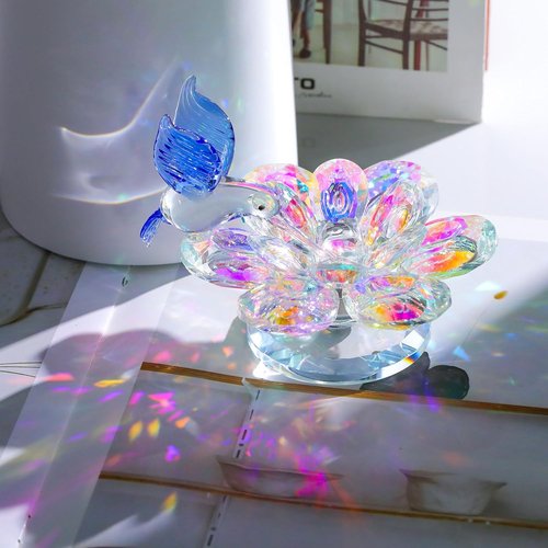 Movdyka Crystal Figurine - Blue Hummingbird Lotus Flower Decor | Sparkling Glass Ornament for Women