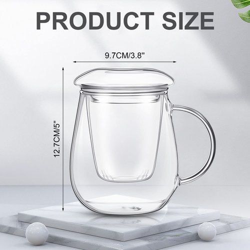 Ritteri Set of 2 Glass Tea Cup with Infuser and Lid - 17.6 oz Thickened Glass Tea Infuser Cup - Simple Filtration for Tea Bags and Loose Leaf Tea