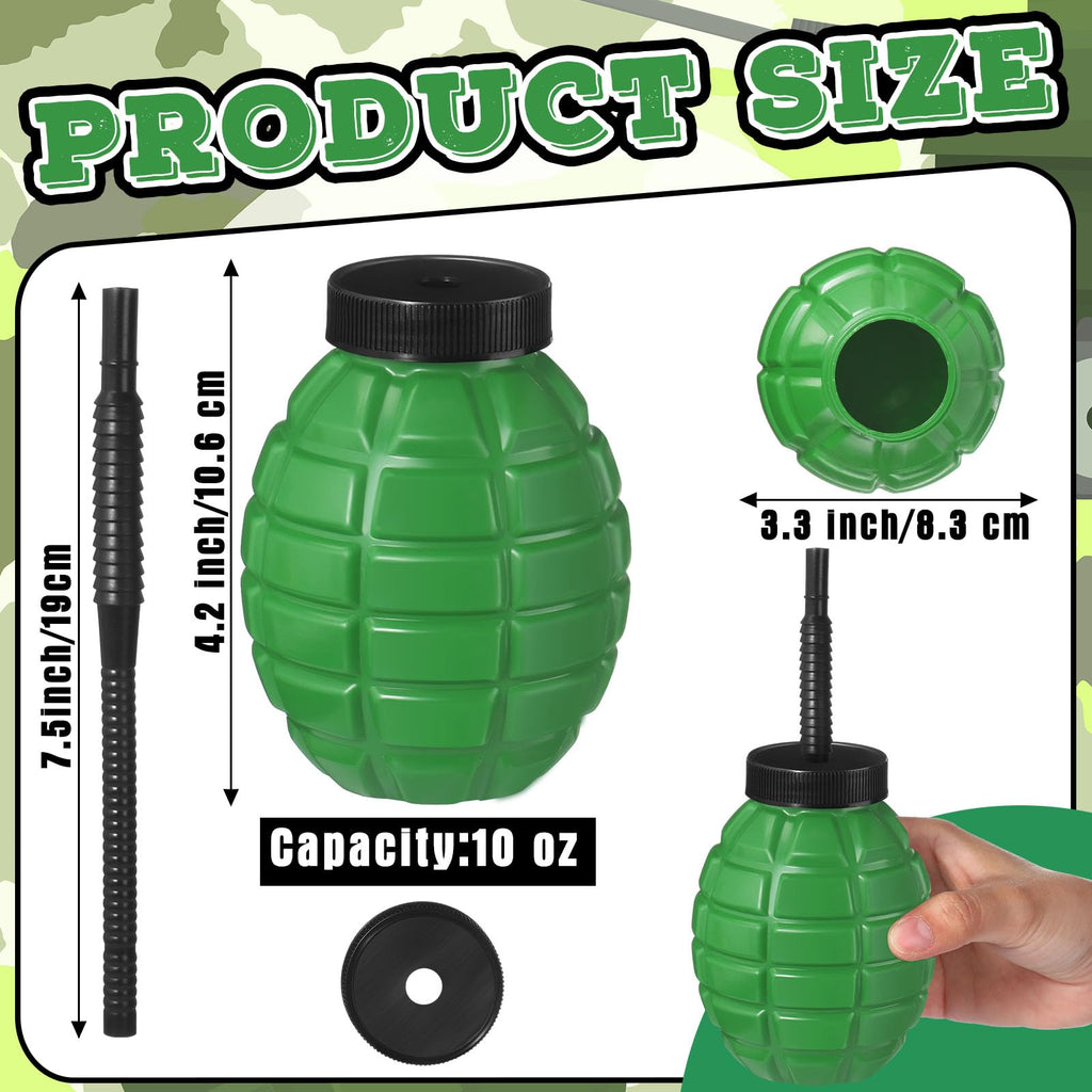 Tanlade Army Birthday Party Camo Party Supplies Grenade Cups with Straws and Lids, 10 oz Plastic Grenade Shape Cup Reusable Cups Bulk for Army Soldier Camouflage(24 Pcs)
