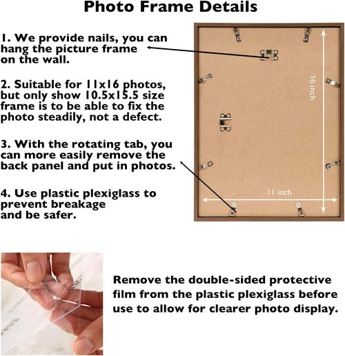 JCJMY 11x16 Picture Frame - Brown Wall Mount for Horizontal or Vertical Display | Shatter-Resistant Plexiglass