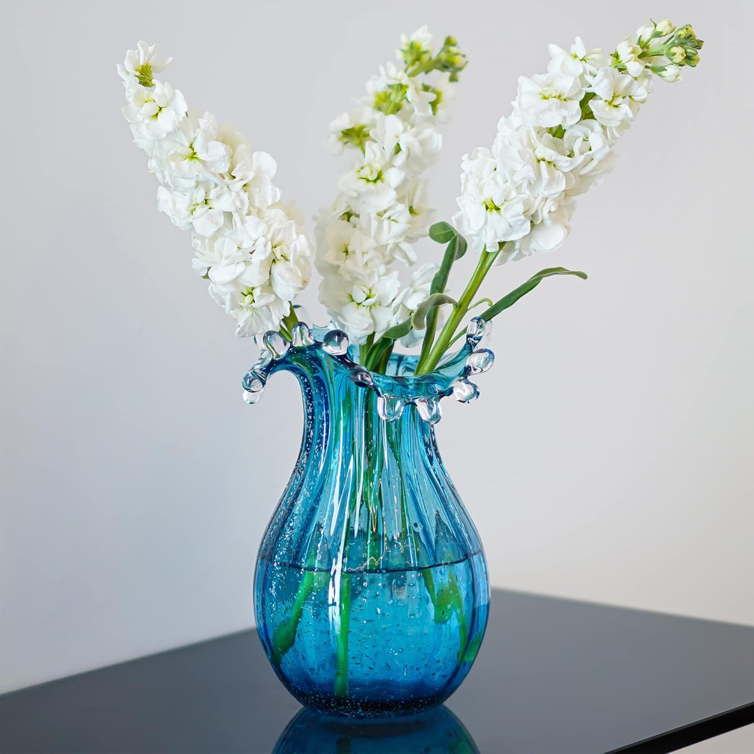 Skiennix 8-Inch Blown Glass Bubble Vase - Modern Art Flower Decor for Home, Office & Weddings - Blue