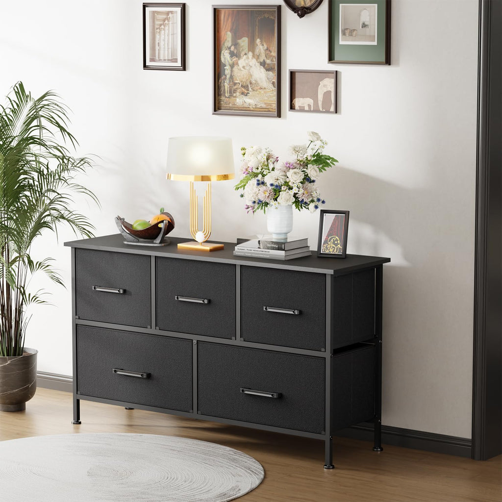 PayLessHere Fabric Dresser - Wide 5-Drawer Chest of Drawers with Metal Frame & Wood Top | Black Storage Unit for Bedroom, Living Room, Entryway