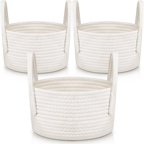 FillTouch 3 Pack Small Woven Baskets with Handles Cute Basket Gift Cotton Rope Baby Woven Nursery Shelf Storage Organizer Bin with Handles White Soft Organizer for Empty Room 9.5'' x 9.5'' x 5.5''