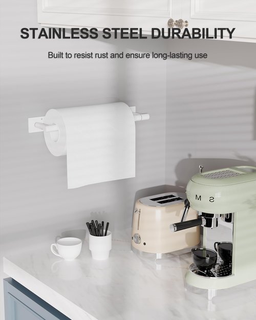 WZKALY White Paper Towel Holder Under Cabinet, Self Adhesive or Wall Mounted SUS304 Stainless Steel Paper Towel Holder for Kitchen, Bathroom, Farmhouse, Barbecue and Laundry (White)