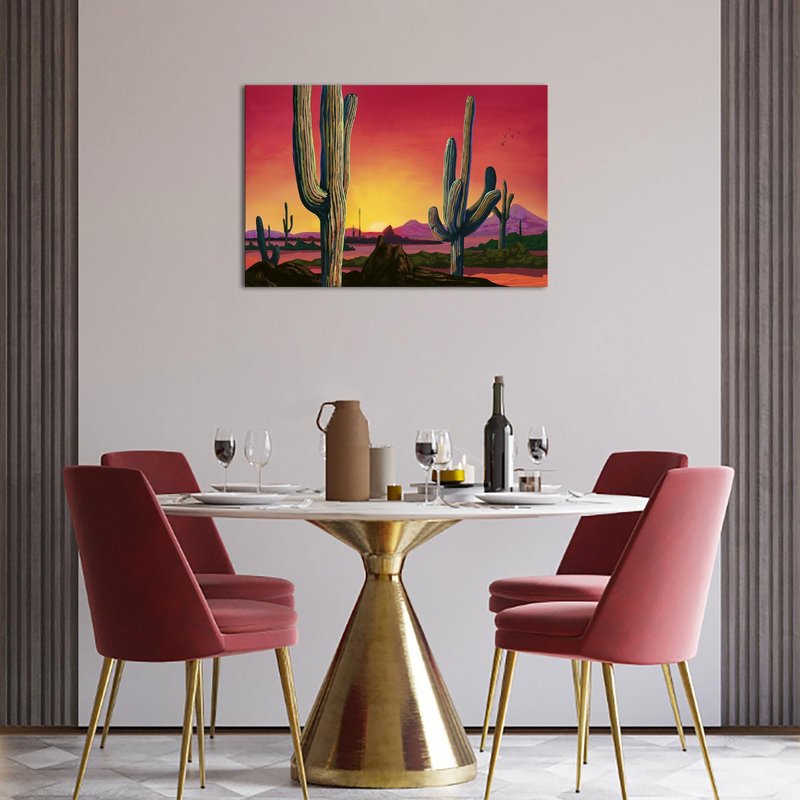 iHAPPYWALL Large Saguaros Landscape Canvas Wall Art Sunset Arizona Cactus Orange Background Sonoran Desert Picture for Home Bedroom Decor Ready to Hang 24x36inch