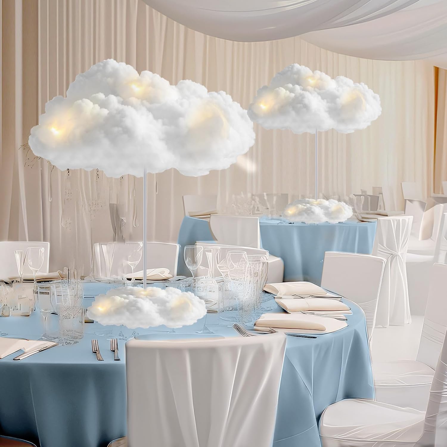 Skiennix 3 Set Artificial Cloud LED Light Decorations - Fluffy Cotton Clouds for Baby Showers & Parties