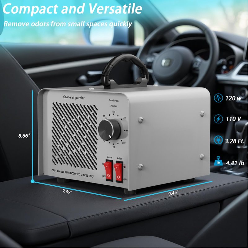 120,000mg/h 0zone Generator High Capacity Ozone Machine & 1 Billion Negative Ion Air Purifier for Home, Car, Pet Odor Removal, O3 Odor Eliminator up to 2,500 Sq. Ft.(Blue)