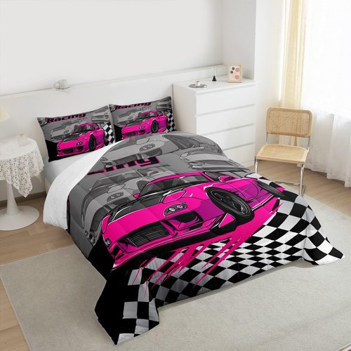 Pink Race Car Kids Comforter Set Twin Size,Racing Flag Black White Checkered Bedding Set,Boys Girls Adults Room Decor,Extreme Sports Games Down Comforter,Modern Fashion Duvet Insert,1 Pillowcase