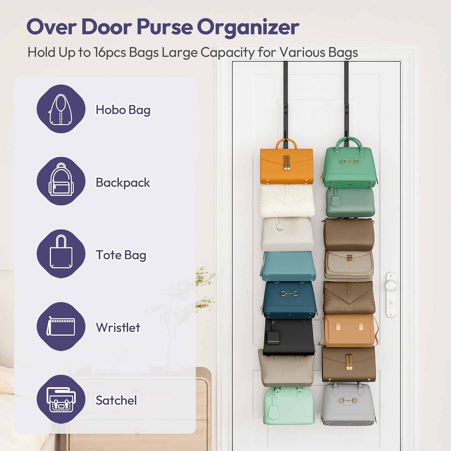 SWTYMIKI Over The Door Purse Organizer - Wall Mounted Rack with 8 Hooks for 16 Bags | Black