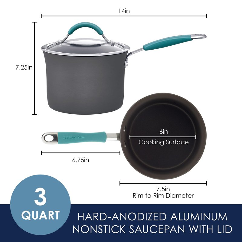Rachael Ray Cucina Hard Anodized Nonstick Sauce Pan/Saucepan with Lid, 3 Quart, Blue