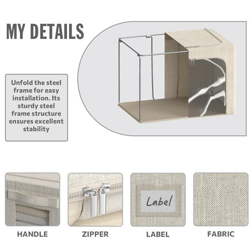 Chizjox 4 Pack Clothes Storage Bins with Metal Frame - 66L Stackable Storage Box with Lid，Foldable Storage Container Organizer for Clothes，Linen Fabric Storage Box with Clear Window＆Zippers＆Handles
