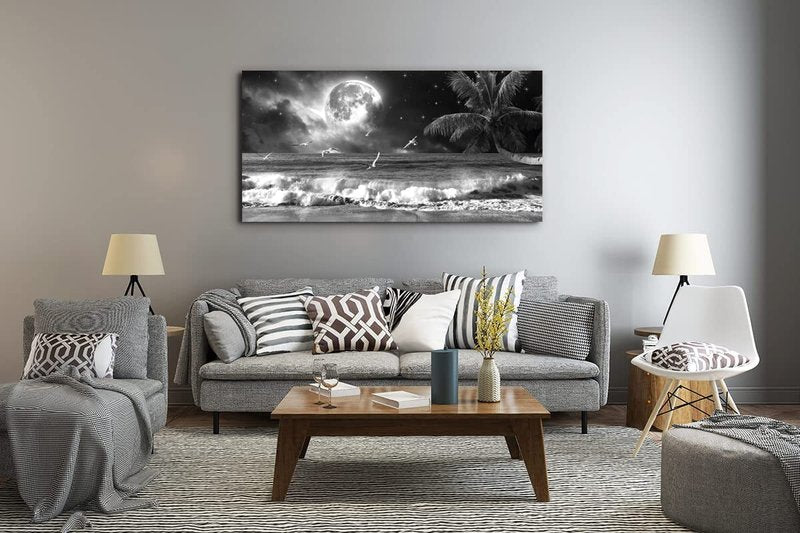 Yxbhhym Black and White Ocean Wall Art Moon Sea Beach Canvas Print Art Ocean Paintings Seascape Poster Wall Pictures Landscape Palm Artwork for Wall Living Room Decor Framed-20x40inches
