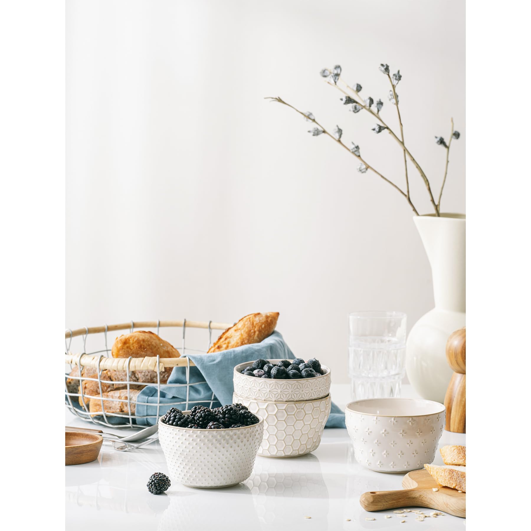 MIKIGEY Embossed Ice Cream Bowls, 8 oz Ceramic Dessert Cups - Dessert Bowls Set of 4, Small Ceramic Bowls for Chili Dipping Sauce Coffee Party Fruit, Off-White