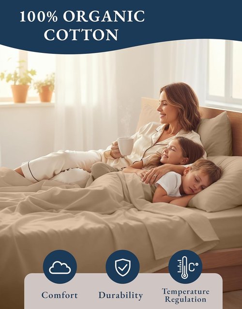 LANE LINEN 100% Organic Cotton Sheets Set - Ultra Soft Long-Staple Percale Weave | GOTS Certified, Full Size, Taupe