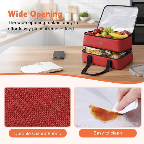 Insulated Casserole Carrier - Double Decker Food Carrier for Hot or Cold Meals | Portable Leakproof Thermal Bag (Red)
