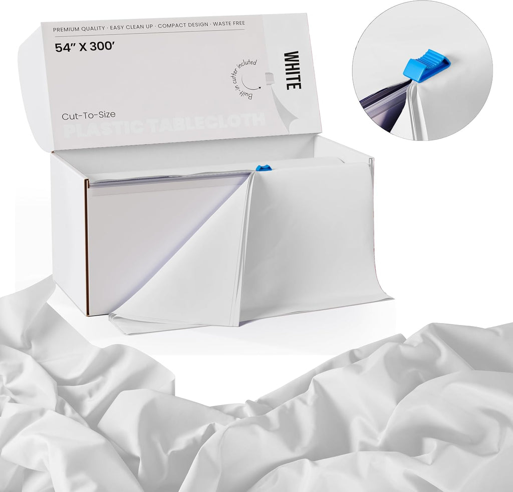 Party Solids | 54-Inch x 300 Feet White Plastic Table Cover Roll - Convenient Cut-to-Size Box with Slide Cutter
