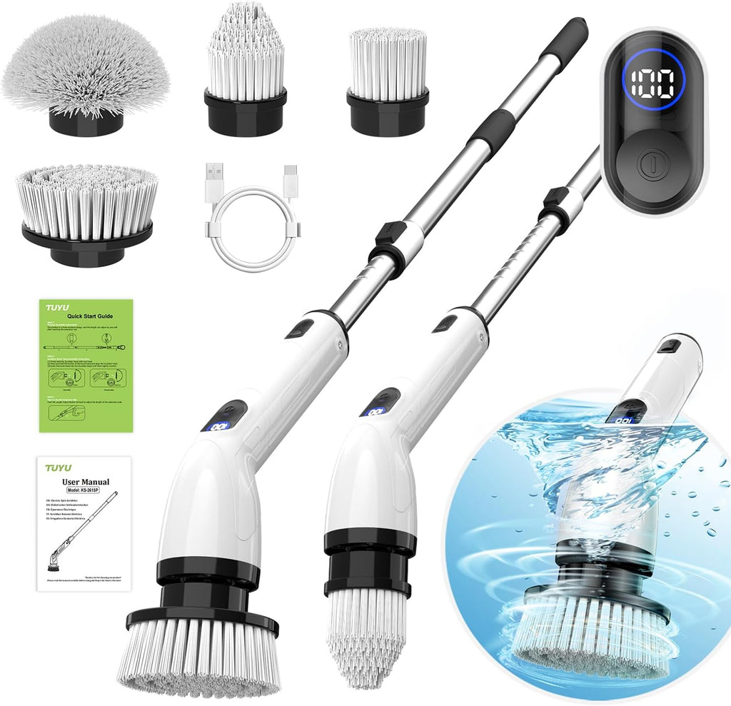 TUYU Electric Spin Scrubber - Cordless IPX7 Waterproof Bathroom Cleaner with Adjustable Handle | Power LCD Display