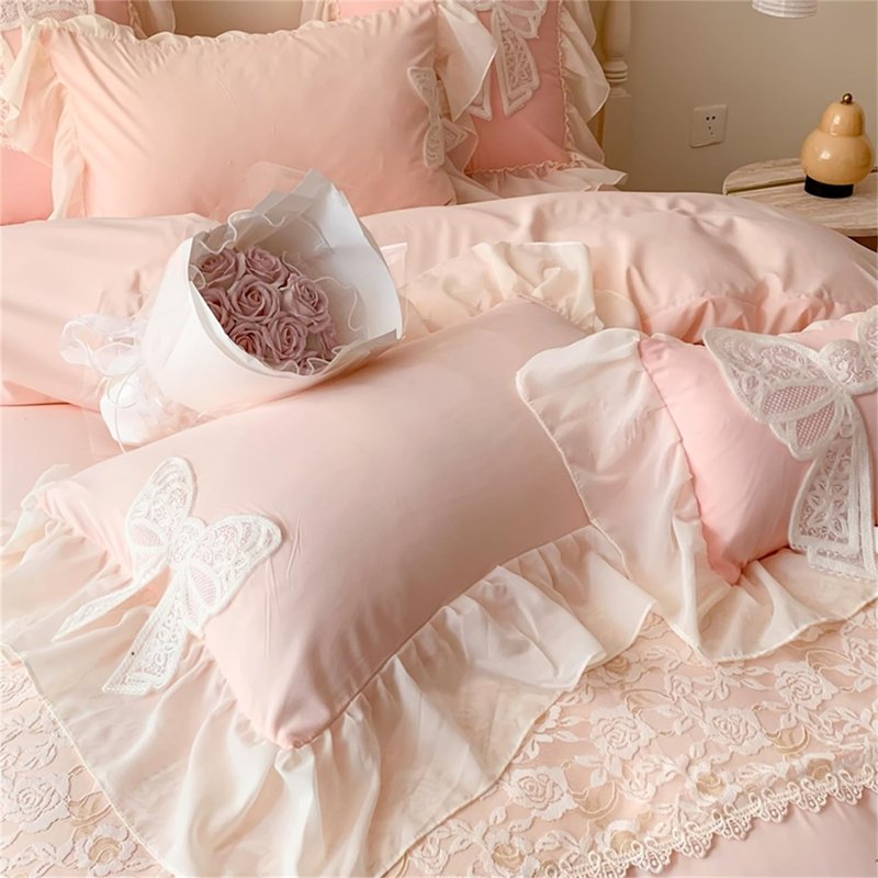 MOOWOO Chic Ruffle Lace Twin Duvet Cover Set-Bow Duvet Cover with Butterfly Tie-2 Piece Comforter Duvet Cover with Zipper Closure,Coquette Room Decor-Pink,Full Size