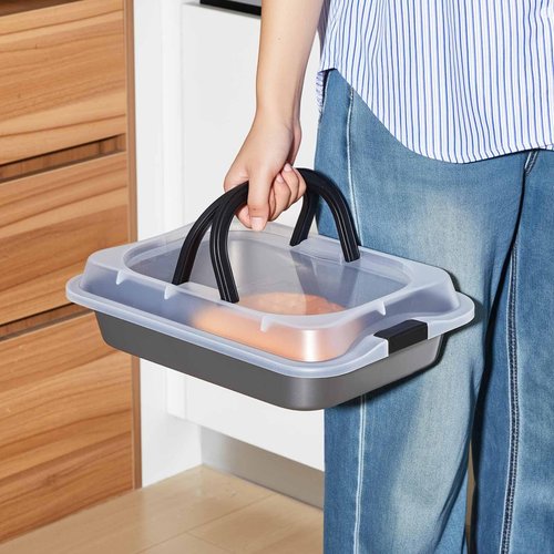 Qinyoung 1 Pcs Cake Baking Pan with Lid and Handle, 9 x 13 Inch Non-stick Rectangle Sheet Cake Pan Carrier for Brownie Roasting Cooking Baking (Black Gray)