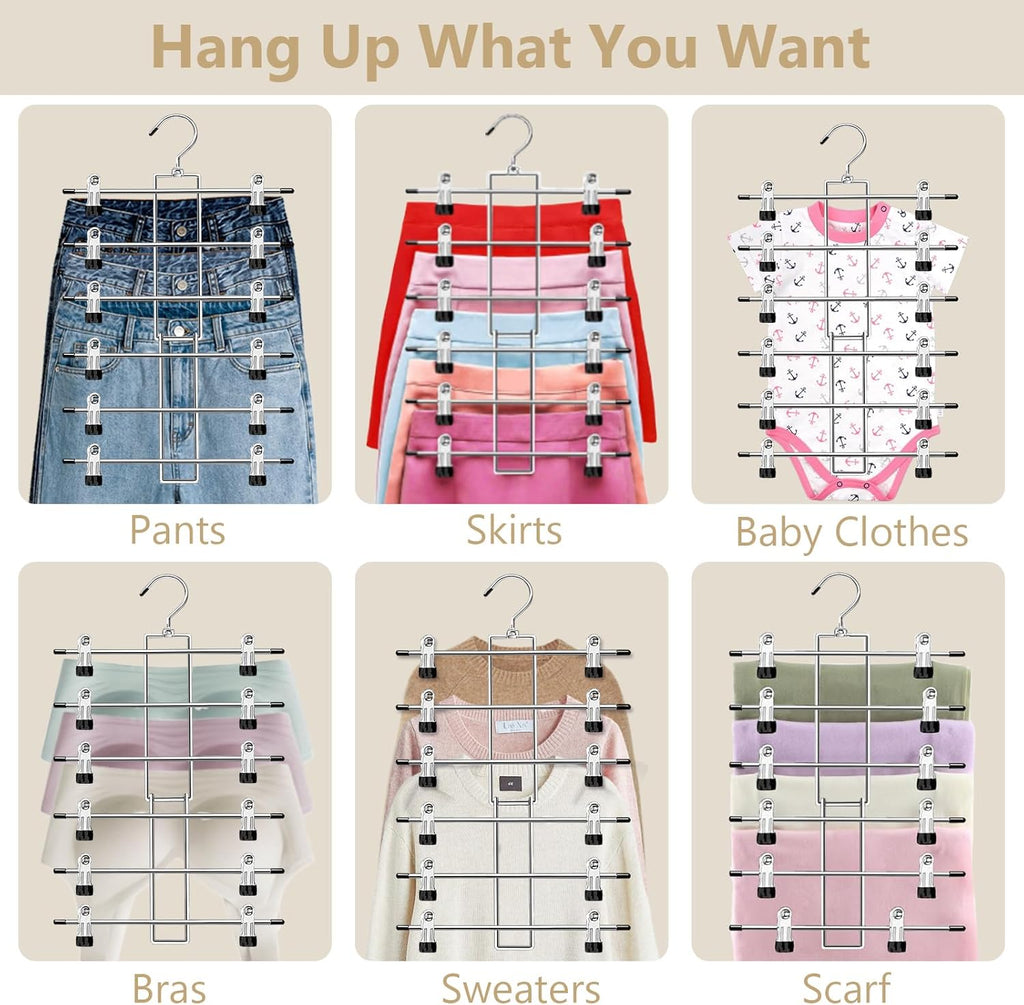 Skiennix Pants Hangers with Clips - Space-Saving 6-Tier Closet Organizer with 360° Swivel Hook