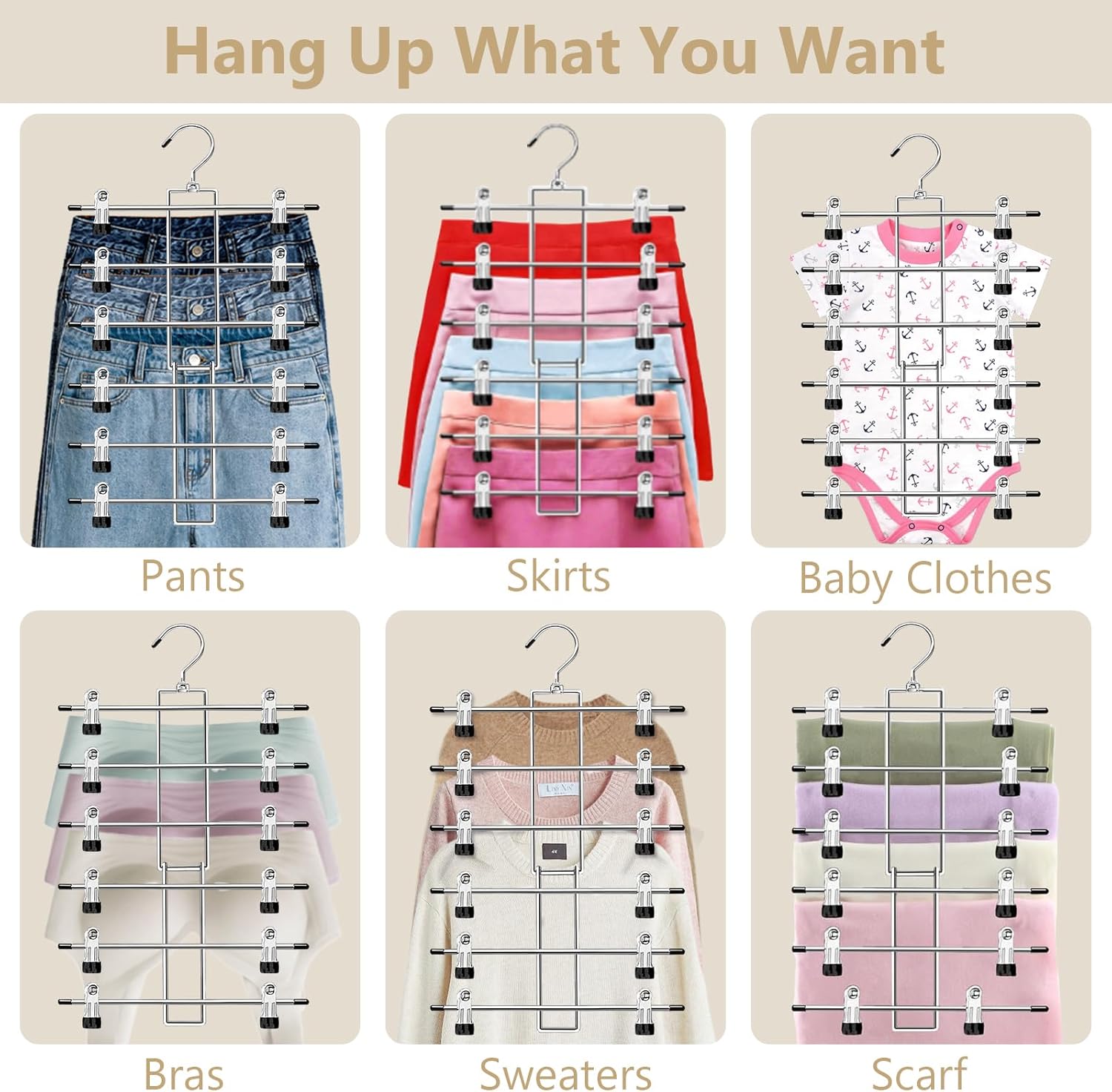 Skiennix Pants Hangers with Clips - Space-Saving 6-Tier Closet Organizer with 360° Swivel Hook