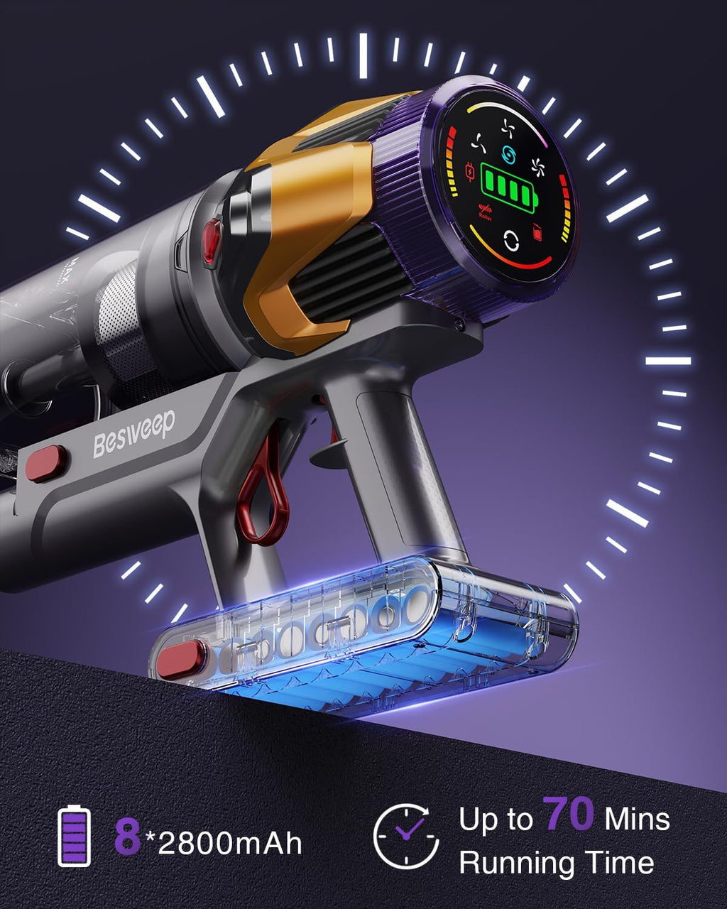 Skiennix Cordless Vacuum Cleaner - 55Kpa Suction Power, 70 Minutes Runtime, Touch Screen | Self-Standing Design for Home & Pet Hair