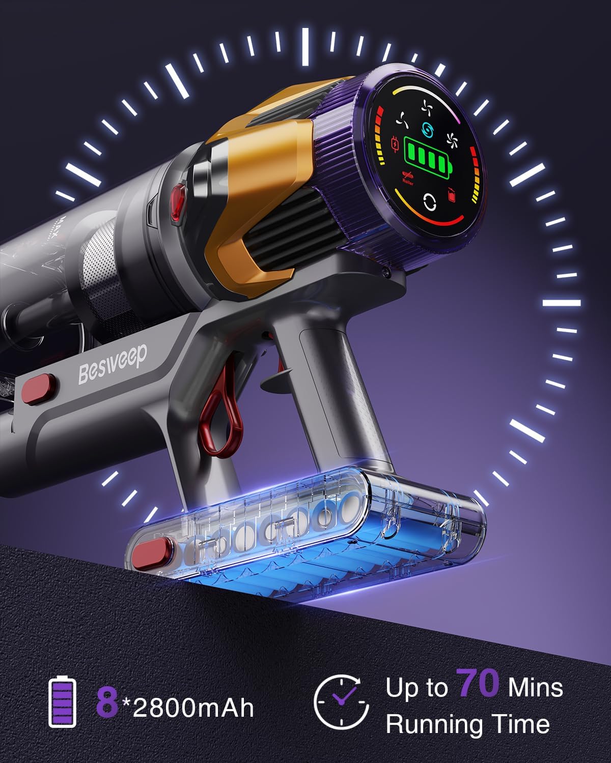 Skiennix Cordless Vacuum Cleaner - 55Kpa Suction Power, 70 Minutes Runtime, Touch Screen | Self-Standing Design for Home & Pet Hair