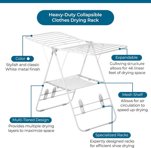 Honey-Can-Do Heavy-Duty Foldable Laundry Drying Rack - Portable Indoor/Outdoor Clothes & Shoes Rack, 50lb Capacity, Space-Saving Design, White