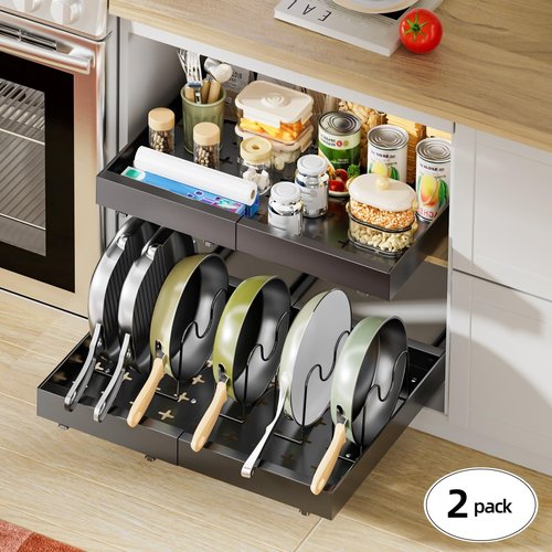 Delamu 16" Deep Pull Out Cabinet Organizer with 6 Dividers, Expandable (11.7 "-20" W) Pull Out Drawers for Cabinets, Cabinet Trays Pull Out for Cabinets in Kitchen, Pantry or Bathroom, Black, 2 Pack