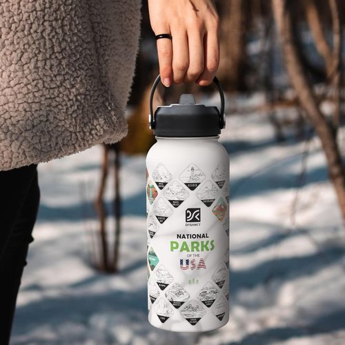 DYSANKY National Parks Water Bottle – 32 oz Insulated Stainless Steel Water Jug with 63 Hand-Drawn Park Stickers, Outdoor Accessories & Gift Box – BPA-Free – Ideal for Hiking, Camping & Travel
