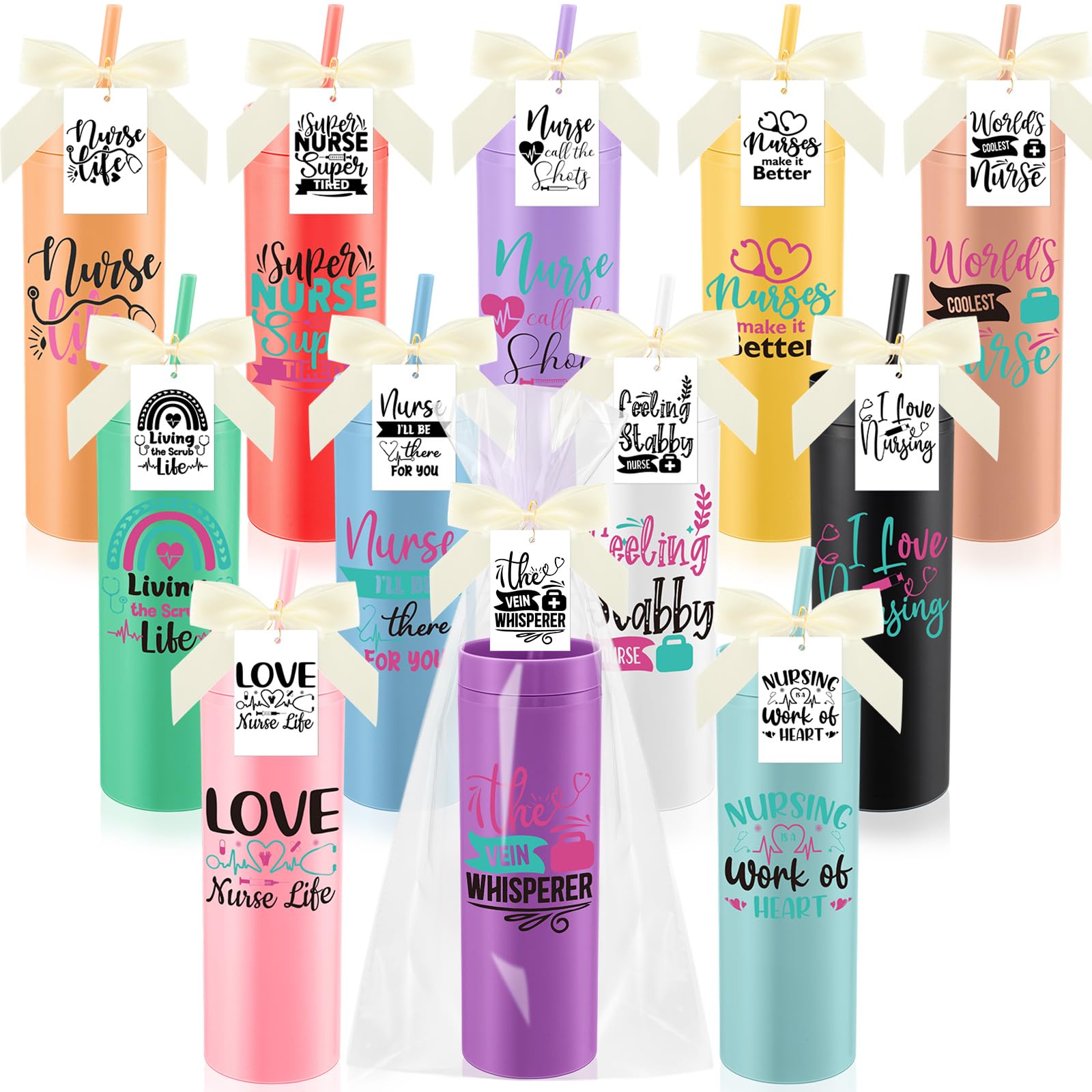 Jinei 12 Sets Nurse Appreciation Gifts Bulk, 16 oz Thank You Nurse Tumblers with Lids and Straws, Positive Cards with Bowknot for Women Men Holiday Office Party Favor(Elegant)