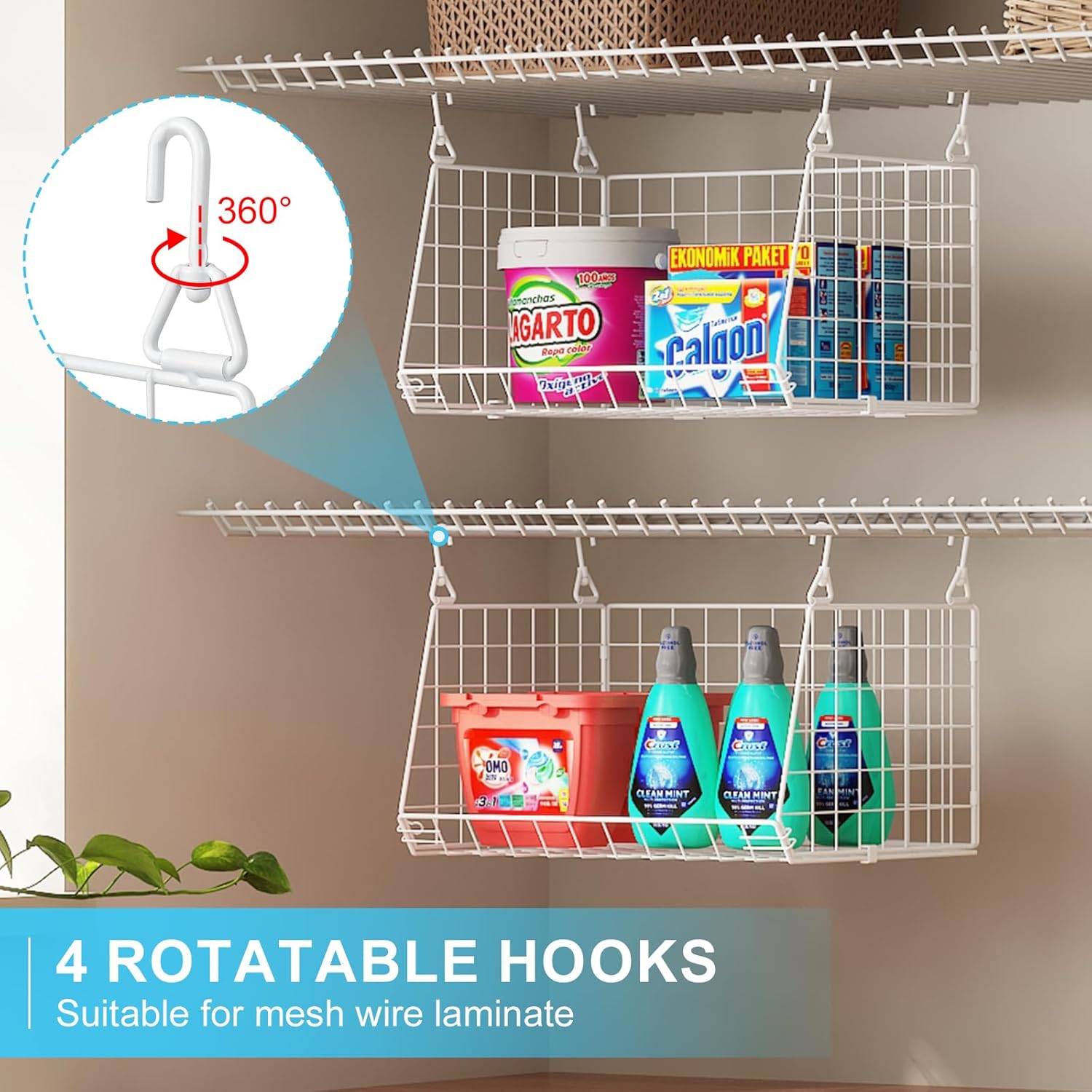 Skiennix 3-Tier Hanging Laundry Basket Organizer - Foldable Wire Shelf with 360° Rotating Hooks | Space-Saving Solution in White
