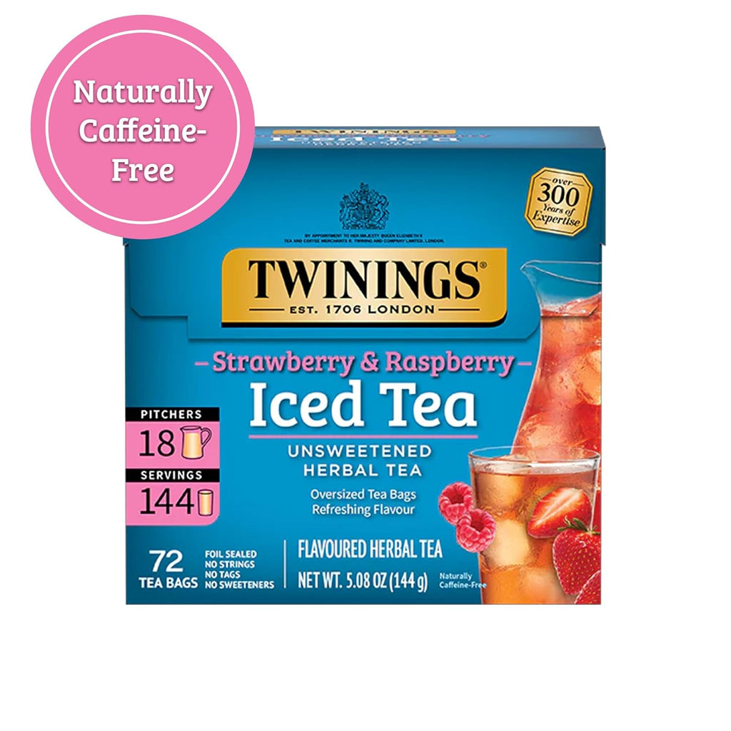 Twinings Strawberry & Raspberry Herbal Iced Tea - 72 Oversized Tea Bags, Unsweetened & Caffeine-Free