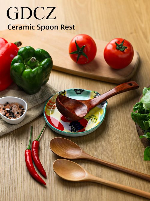 Colorful Hand Painted Spoon Rest 5 Inches Ceramic Spoon Holder for Kitchen Counter Stove Top, Dishwasher Safe, Multicolor (Set of 2)