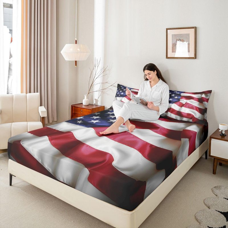 United States Fitted Sheet American Flag Blue Red Printing Bedding Set for Kids Teens Adult USA Federations Stars Stripe Fitted Bed Sheet Queen Size 1 Fitted Sheet with 2 Pillow Cases(No Top Sheet)