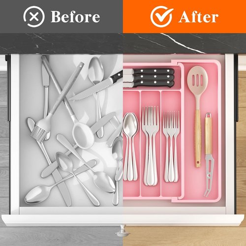 Lifewit Expandable Silverware Drawer Organizer - BPA Free Utensil Tray for Kitchen | Adjustable Pink Storage (10.9"-17.5" x 13.7")