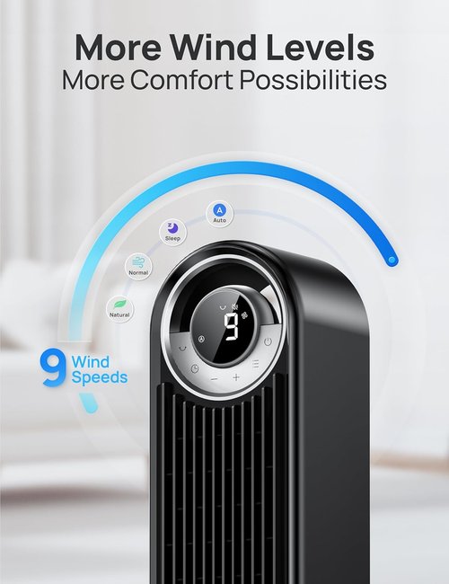 DREO Tower Fan - 90° Oscillating Standing Floor Fan with 28ft/s Velocity, 25dB Quiet Operation, 9 Speeds & Remote Control