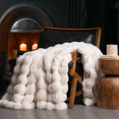 EverGrace Ultra Soft Luxury Fluffy Faux Rabbit Fur Throw Blanket, Thick Warm Bubble Throw for Bed, Cozy Plush Reversible Blankets for Couch, Chair, Sofa, Ivory White, 60x80 Inches