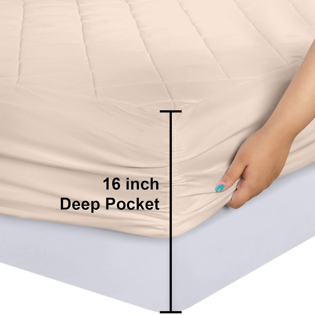 Utopia Bedding Quilted Fitted Mattress Pad - Queen Size Deep Pocket Protector | Machine Washable Beige