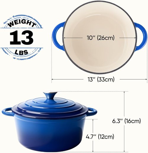 6 Quart Enameled Cast Iron Dutch Oven by [Brand Name] - Non-Stick, Heavy-Duty, Oven Safe Up to 500°F | Ideal for Baking, Braising, Stews, Roasting - Blue