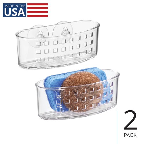 iDesign Suction Sponge Holder for Kitchen Sink, Also Holds a Scrubber, Set of 2, Clear, Made in USA