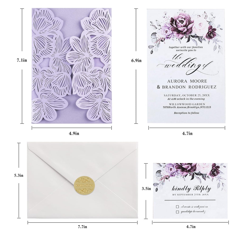 50Pcs Light Purple Wedding Invitations with Envelopes and RSVP Cards Laser Cut Hollow Butterfly Personalized Invitation Pockets with Ribbons for Birthday Party Wedding Bridal Shower Engagement