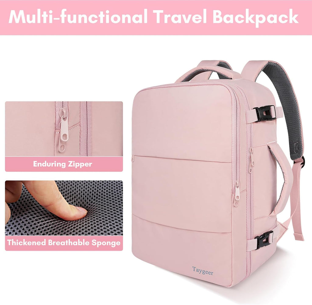 Taygeer Travel Backpack for Women - TSA-Approved 15.6" Laptop Bag with Water Bottle Pocket & Shoe Pouch | Pink