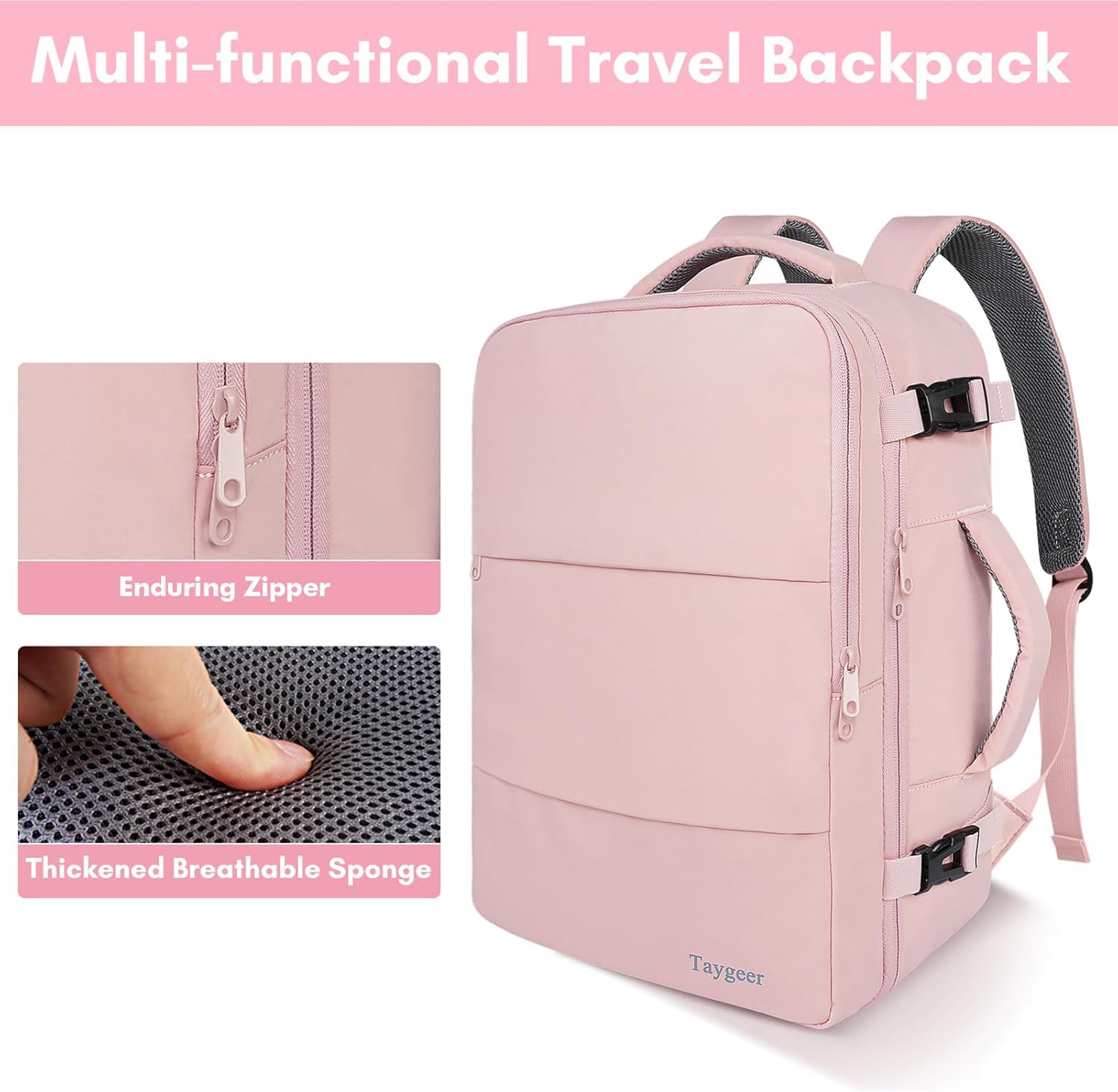 Taygeer Travel Backpack for Women - TSA-Approved 15.6" Laptop Bag with Water Bottle Pocket & Shoe Pouch | Pink